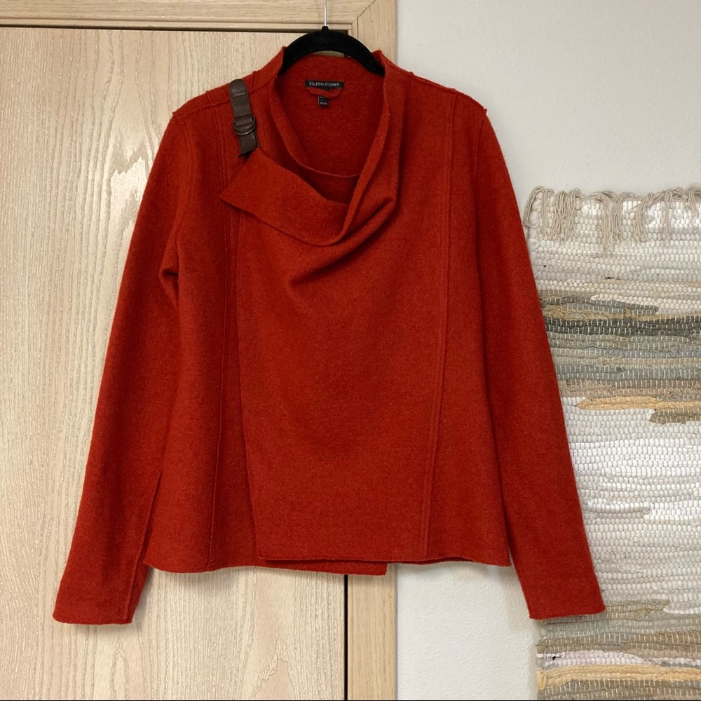 Eileen Fisher Bias twisted boiled wool rust red jacket - leather closure - XS